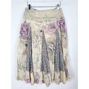 At Last Skirt Women Medium Ivory Purple Floral Midi Lace Tiered Cottagecore Boho